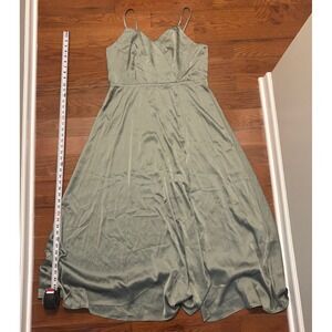 Elegant Silk Satin Sky Blue green sage color wedding guest Dress, Size XL NWT
